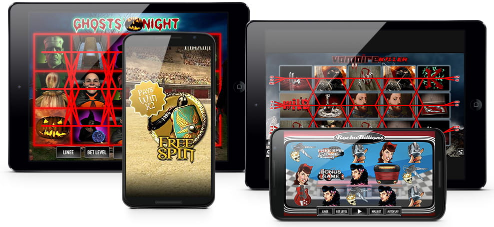 Differenti dispositivi mobile con le interfacce dei principali giochi slot WorldMatch.