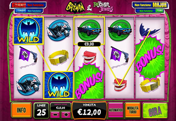 L'interfaccia grafica della slot Batman and The Joker Jewels di Playtech.