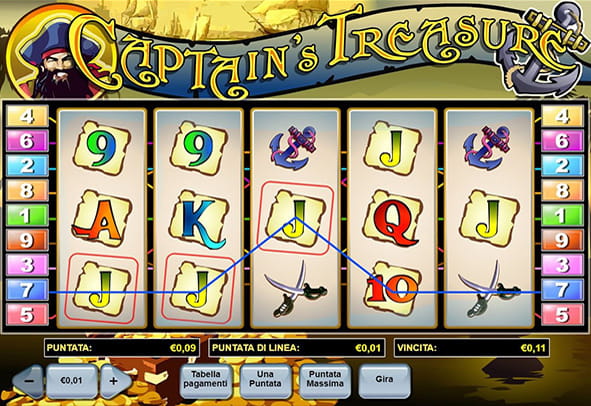 L'interfaccia grafica della slot Captain's Treasure di Playtech.
