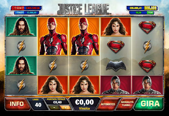 La grafica della slot Justice League prodotta dalla software house Playtech.