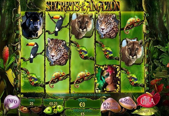 L'interfaccia grafica della slot Secrets of the Amazon di Playtech.