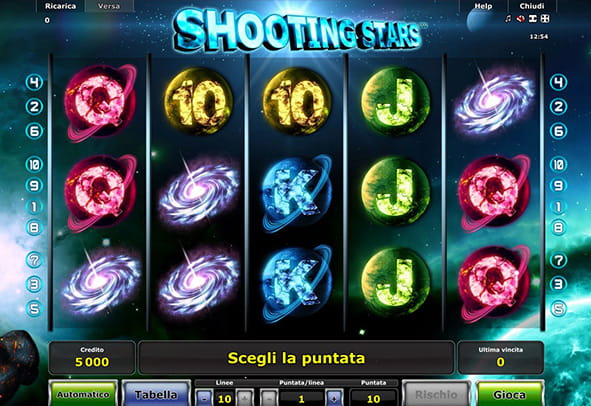 L'interfaccia grafica della slot machine online Shooting Stars di Novomatic.