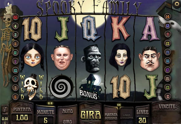 La schermata di gioco della slot machine Spooky Family prodotta da iSoftBet.