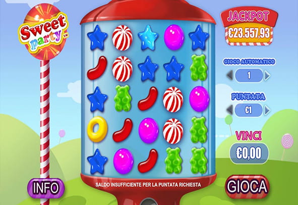 L'interfaccia grafica della slot Sweet Party di Playtech.