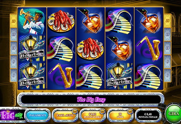 La colorata interfaccia grafica della slot machine The Big Easy.