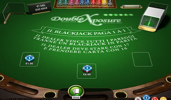 Una mano in corso del Blackjack Double Xposure sviluppato da NetEnt.
