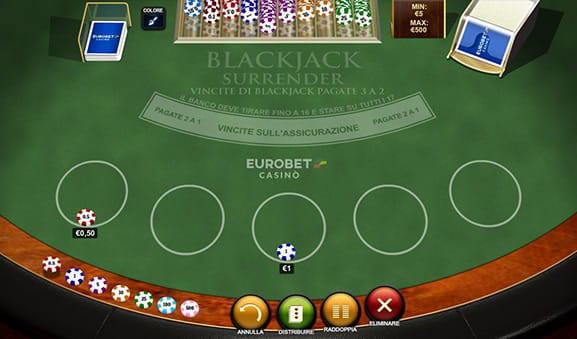 Un tavolo Blackjack Surrender della Playtech con una puntata appena effettuata.
