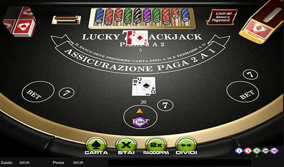 La sessione di gioco in corso di un tavolo italiano Lucky Blackjack fornito da Playtech.