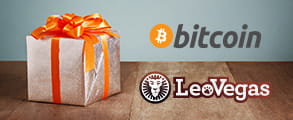 I loghi di Bitcoin e del casinò LeoVegas e una confezione regalo.