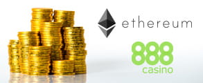 I loghi di Ethereum e del casinò 888casino e dei gettoni d’oro.