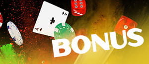 Una scritta 'bonus' con dadi, carte e fiche da gioco sullo sfondo.