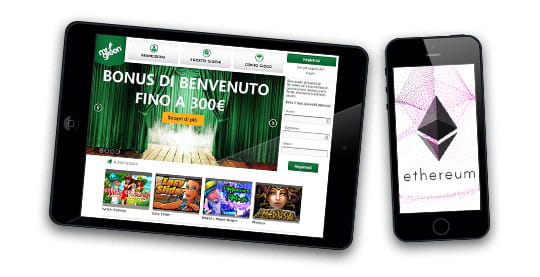 Un iPad sul sito di Mr Green casinò e un iPad con il logo di Ethereum.