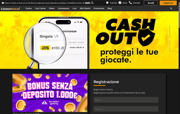 La homepage del casinò CasinoMania.