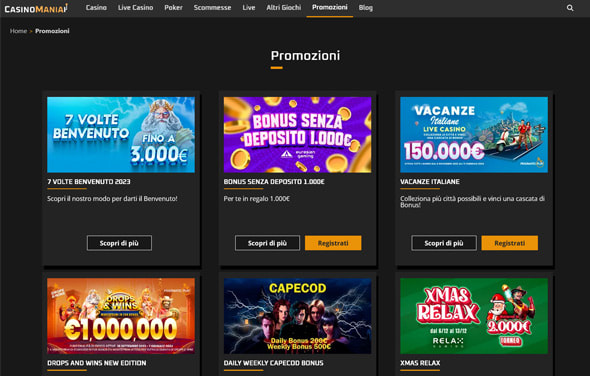 L'area giochi del sito web casinò CasinoMania.