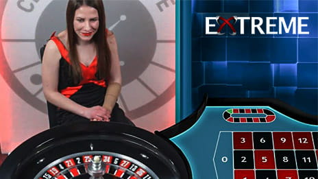Schermata di gioco di una roulette in tempo reale Extreme Live Gaming con croupier.