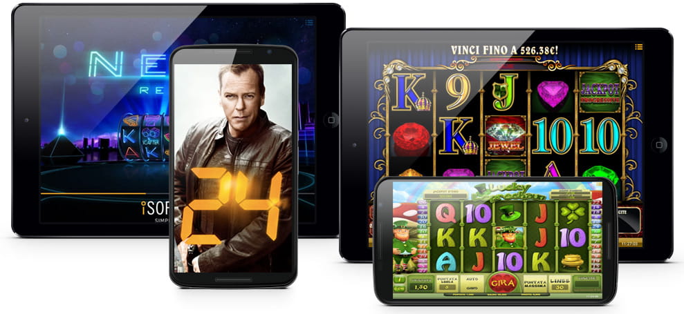 Diversi giochi slot e da tavolo prodotti da iSoftBet su dei dispositivi mobile.