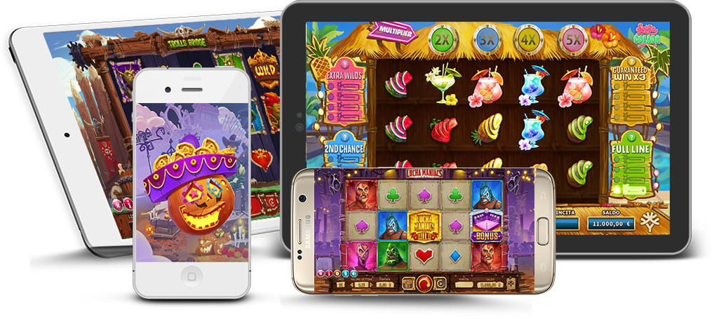 Diverse slot machine Yggdrasil sugli schermi di smartphone e tablet.