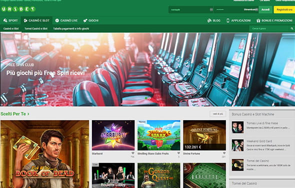 La homepage di Unibet casinò, uno dei portali provvisto del maggior numero di prodotti a marchio Big Time Gaming.