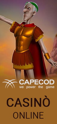 Un'immagine che ritrae un personaggio della slot Er Colosseo ed il logo della software house Capecod che la produce.
