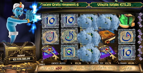 L'interfaccia di gioco della slot Millionaire Genie, la più popolare macchina jackpot di Random Logic.