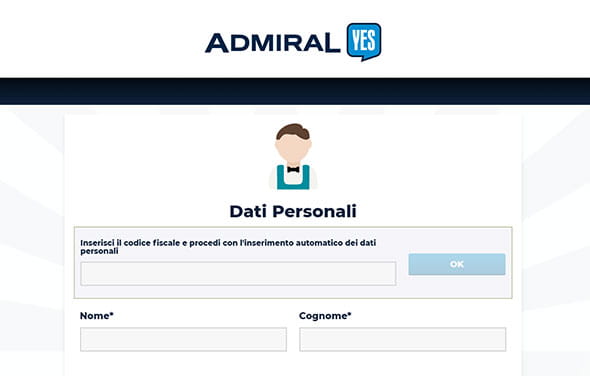 Il modulo di registrazione di AdmiralBET. Esso è da compilare con informazioni personali e credenziali di accesso.