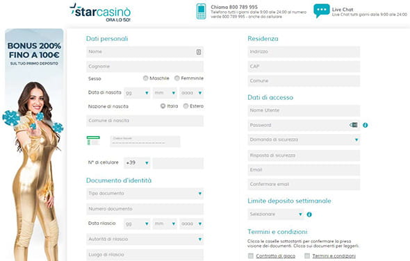 Il modulo di registrazione presente su StarCasinò. Esso è da compilare con informazioni personali e credenziali di accesso.