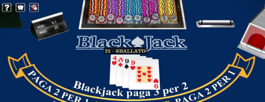Un dettaglio su una mano di blackjack in cui il banco ha ottenuto un punteggio pari a 23 consentendo così la vincita ai giocatori presenti al tavolo.