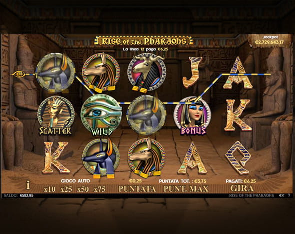 La schermata di gioco della celebre slot Rise of Pharaohs di Random Logic.