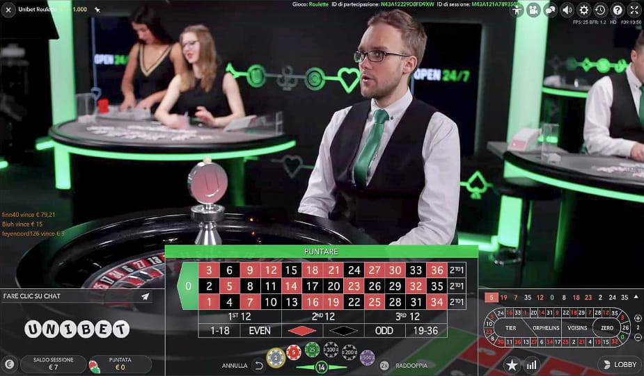 Schermata di gioco di una roulette live Evolution Gaming sul casinò online Unibet, con banchiere e rappresentazione grafica del tavolo per l'utente.