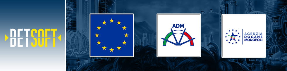 Da sinistra a destra il logo di Betsoft, quello dell’Unione Europea e i due loghi dell’Agenzia Dogane e Monopoli.
