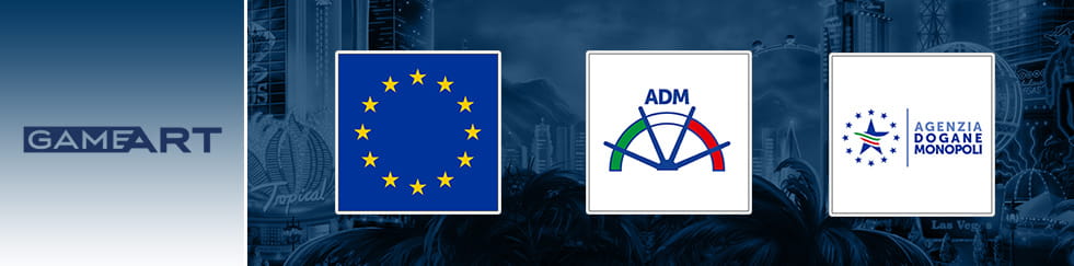 Da sinistra a destra, rispettivamente il logo di Gameart, quello dell’Unione Europea e i due loghi dell’Agenzia Dogane e Monopoli.