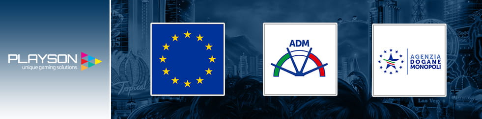 A partire da sinistra, il logo Playson, il logo dell’Unione Europea e i due differenti loghi dell’Agenzia Dogane e Monopoli.