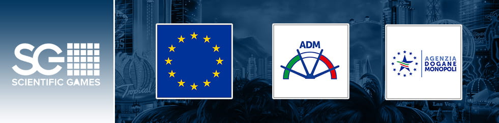 A partire da sinistra, il logo di SG Digital e a seguire quelli dell’Unione Europea, dell’Agenzia Dogane e Monopoli e ADM.