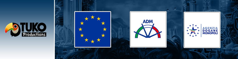 Il logo di Tuko Productions sulla sinistra e a seguire quello dell’Unione Europea, dell’Agenzia Dogane e Monopoli e di ADM.