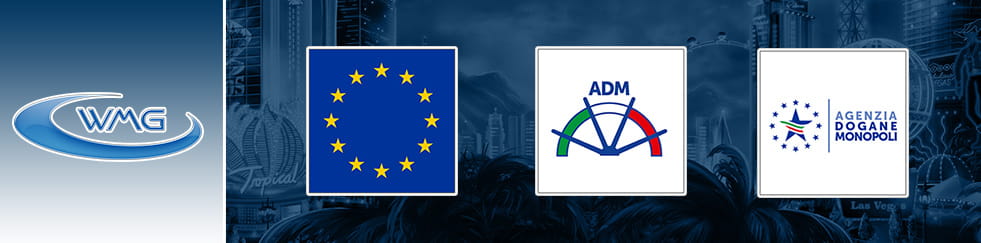 Il logo di WMG sulla sinistra, poi a seguire il logo dell’Unione Europea e due differenti loghi dell’Agenzia Dogane e Monopoli.