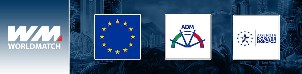 Il logo di WorldMatch sulla sinistra e a seguire quello dell’Unione Europea, dell’Agenzia Dogane e Monopoli e di ADM.