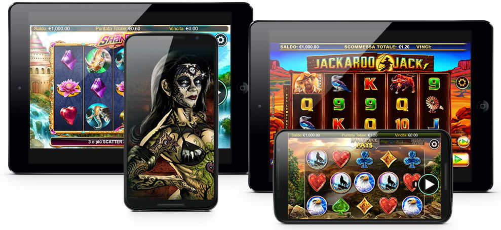 Dei tablet e degli smartphone con i giochi della NYX Gaming, visibili negli schermi.
