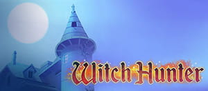I personaggi principali della slot 'Witch Hunter' e il logo del casinò Merkur Win.
