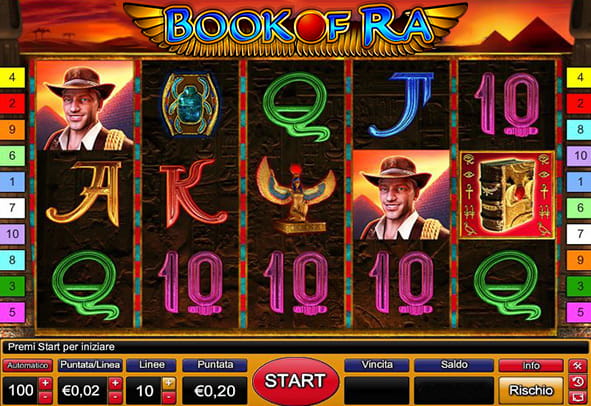 L'interfaccia grafica della slot Book of Ra sviluppata da Novomatic.