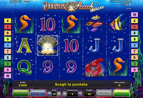 Il layout del gameplay della slot Dolphin's Pearl Deluxe sviluppata da Novomatic.