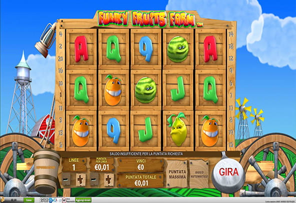 L'interfaccia grafica della slot Funky Fruits Farm di Playtech.