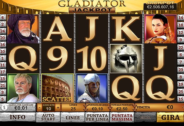 L'interfaccia di gioco della slot Gladiator Jackpot di Playtech.