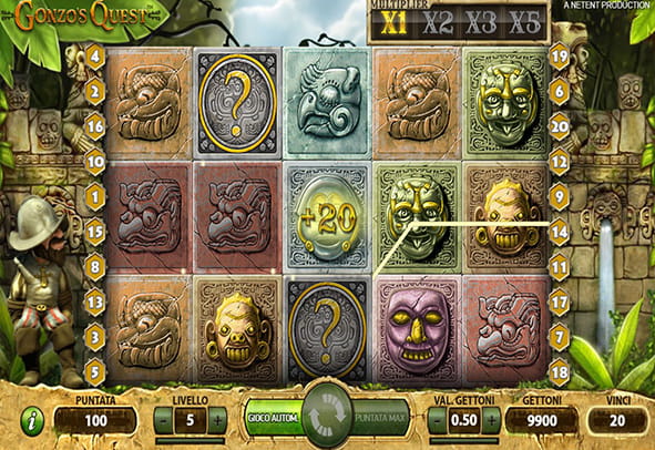 L'interfaccia grafica della slot Gonzo's Quest durante una sessione di gioco.