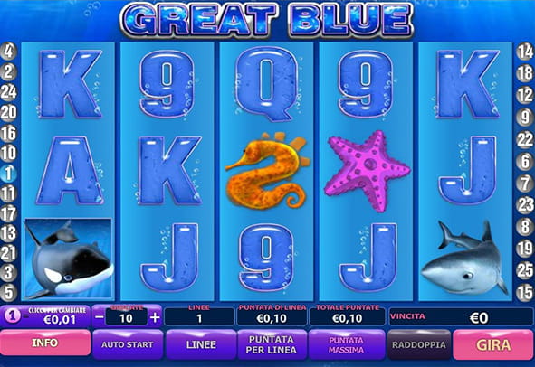 L'interfaccia grafica della slot Great Blue di Playtech.