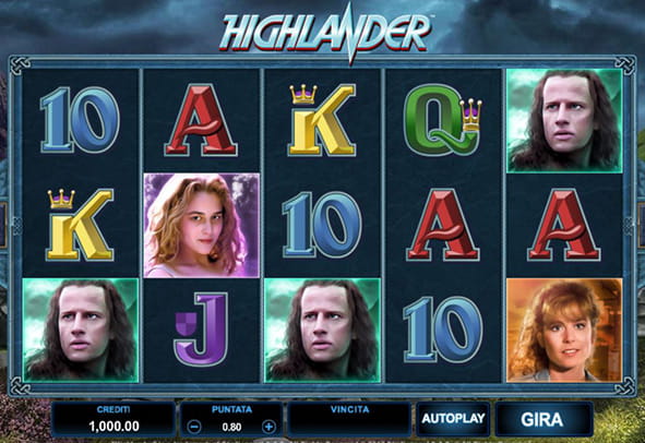 L'interfaccia di gioco della slot machine Highlander prodotto della Microgaming.