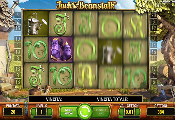 L'interfaccia di gioco della slot Jack and the Beanstalk durante uno spin.