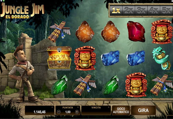 La schermata di gioco della slot machine Jungle Jim targata Microgaming.