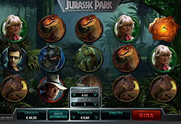 L'interfaccia grafica della slot Jurassic Park durante una partita in corso.
