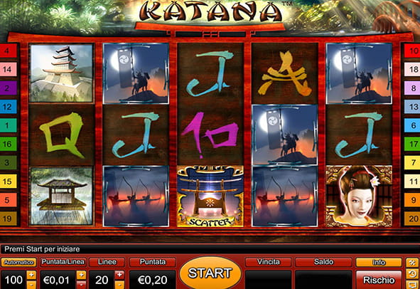 L'interfaccia di gioco della slot Katana prodotta da Novomatic.