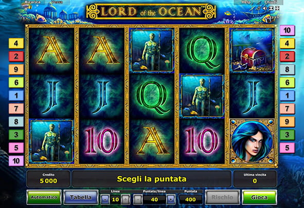 L'interfaccia di gioco della slot machine Lord Of The Ocean targata Novomatic.